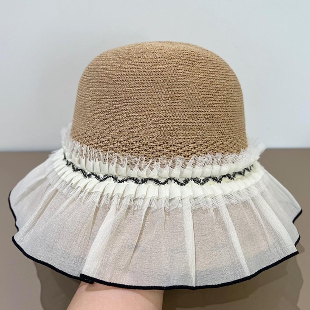 Trendy Sun-protective Woman's Fisherman Cap Breathable Elegant Straw Hat Lace trim Versatile Beach Cap for Outdoors