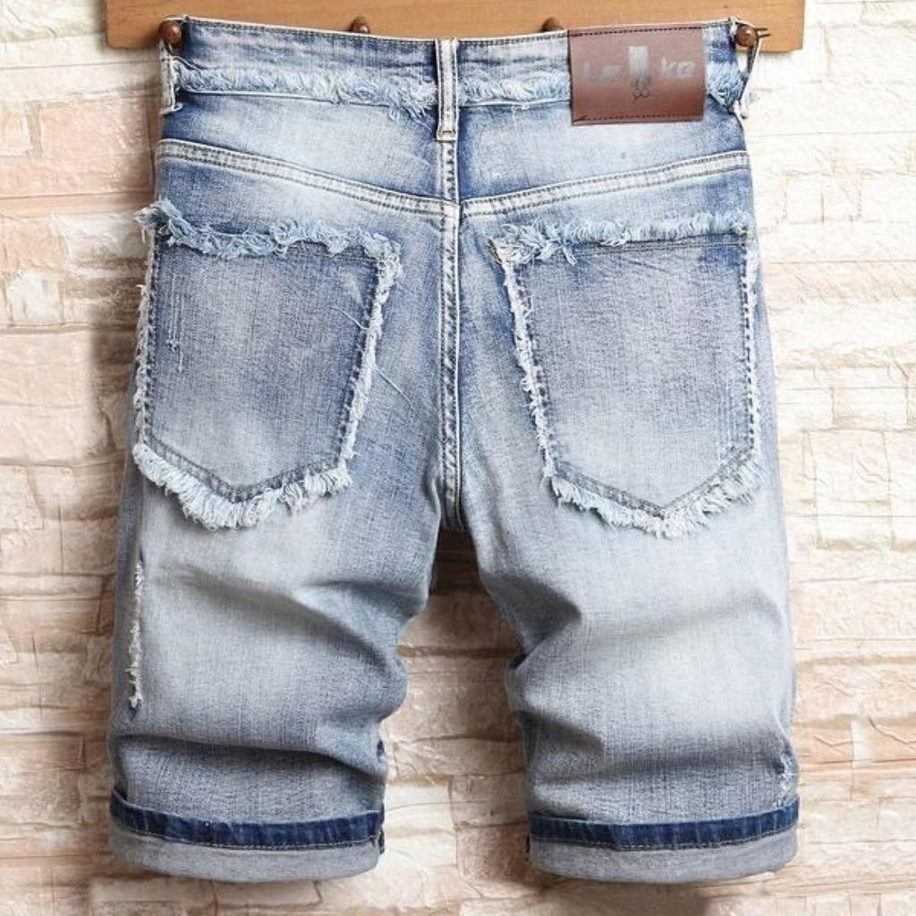 Men's Trendy Mid-Length Slim Fit Ripped Patch Denim Shorts