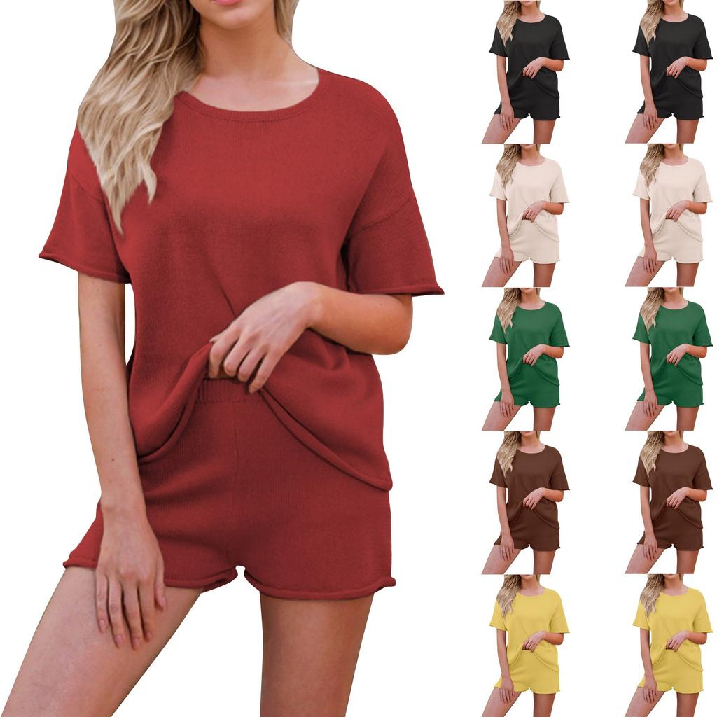 Women's Summer Fashion Beach Round Neck Casual Loose Short Sleeve Shorts Suit