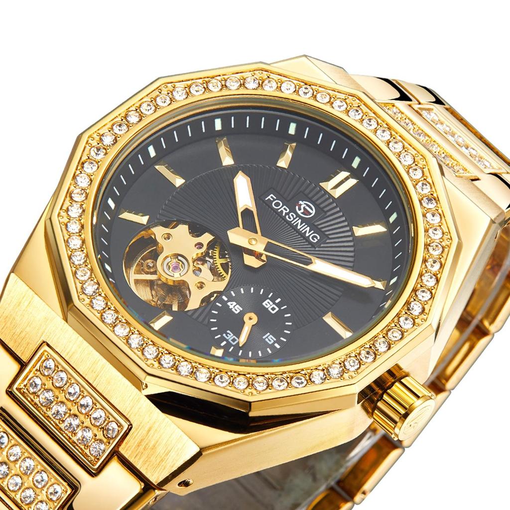 FORSINING Men's Automatic Mechanical Watch, Rhinestone Inlay Skeleton Dial, Octagonal Case Luminous Watches