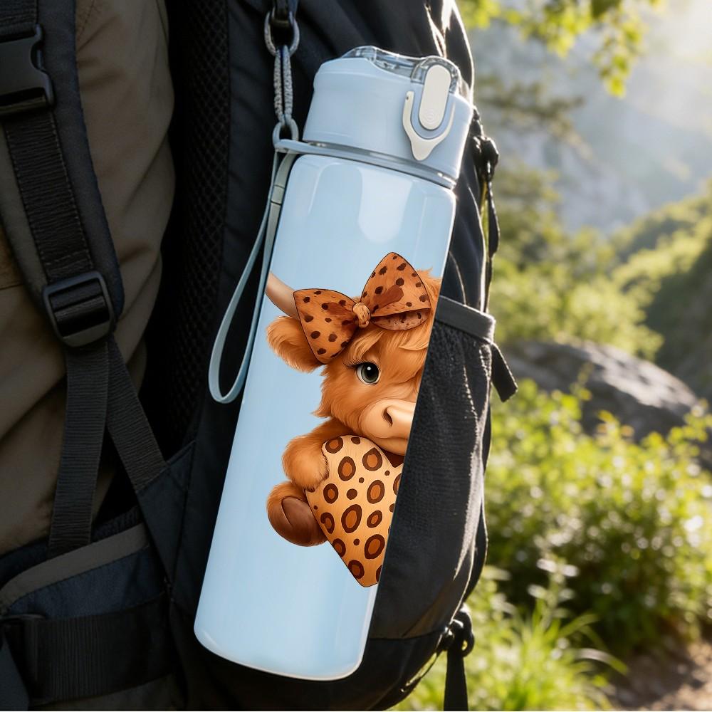 1PC Highland Cow Leopard Fur 750ml Color Plastic Sports Water Bottle Leakproof Flip Straw Lid Suitable for Sports Office Home Use