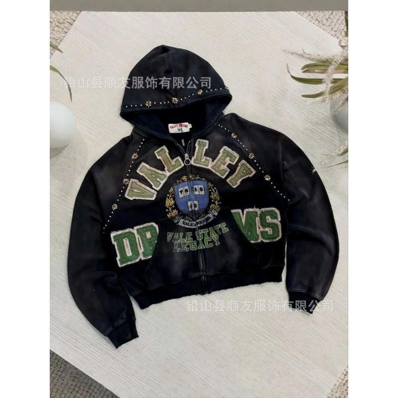 Vale Valley Vintage Wash Hooded Cardigan Sweatshirt Teens Loose Fit Streetwear Style