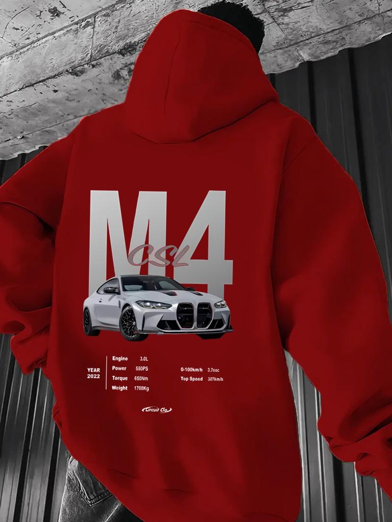 Мужская красная толстовка M4 Racing - Вдохновленная графика с белым гоночным дизайном, шнурок, карман-кенгуру, свободный крой