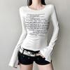 Spicy Girl Basic Knitted Slim Fit Round Neck Letter Printed Slit Long Sleeved T-shirt for Women
