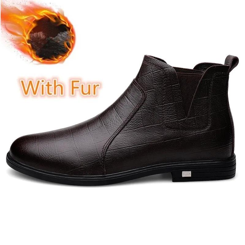 2025 New Chelsea Shoes Men Genuine Leather Boots Fur Winter Men Fashion Ankle Boots Business Casual Man Snow Boots Work Shoes