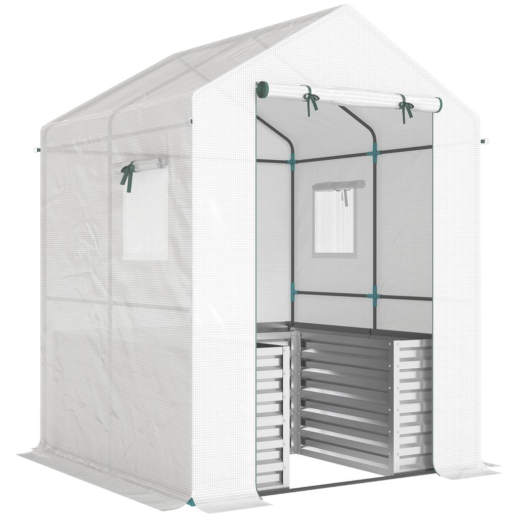 Tomato Greenhouse Film Greenhouse with Raised Bed Roll-Up Door Window Sloped Roof 141 x 141 x 190 cm White