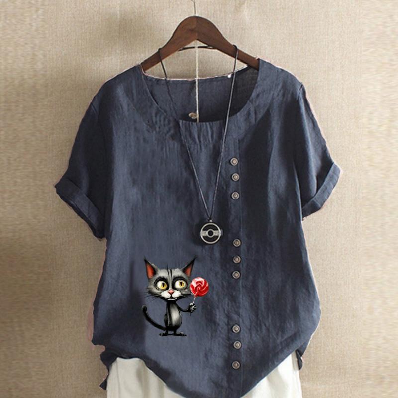 Women's Fashion Cute Cat Prined Short Sleeve T-shirt Loose Cotton Shirt Casual Loose Summer Blouse Tops Plus Size