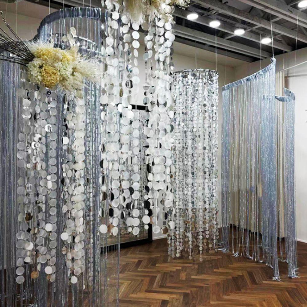 10PCS Gold Silver Sequins Hanging Foil Curtains PVC Round Sequin Rain Curtain Festive Supplies