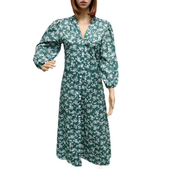 Женское платье макси с цветочным принтом, длинными рукавами и V-образным вырезом, с высокой талией