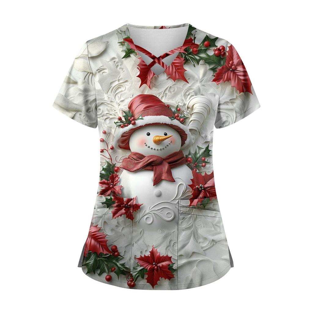 Women's Short Sleeve Stagger V Neck Christmas Print Pocket Dry-nurse Top