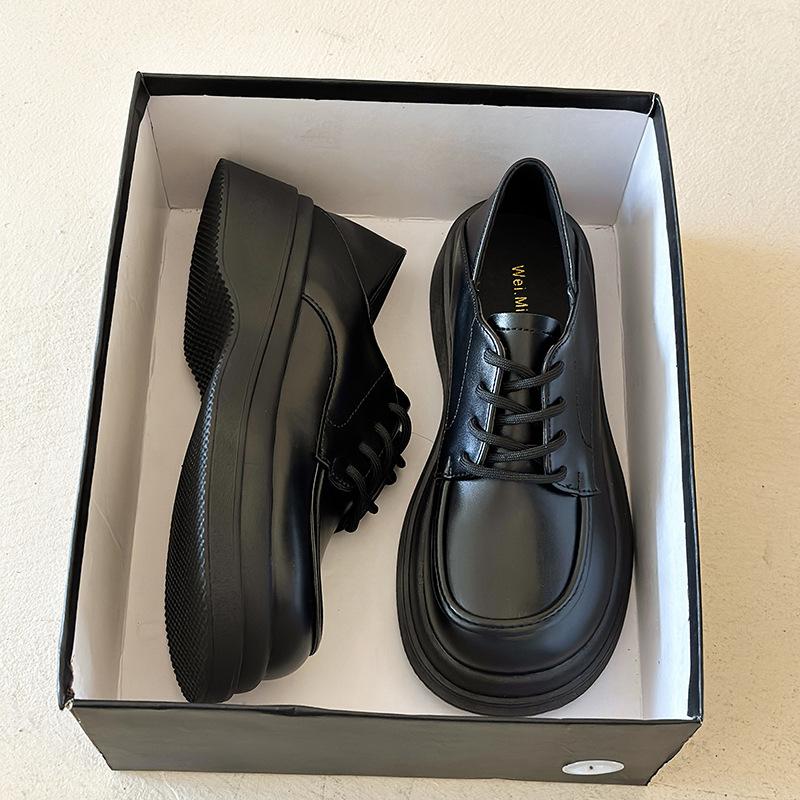 Platform Loafers 2025 Spring New Retro Versatile Black Lace-up Small Leather Shoes College Style Mary Jane Single Shoes