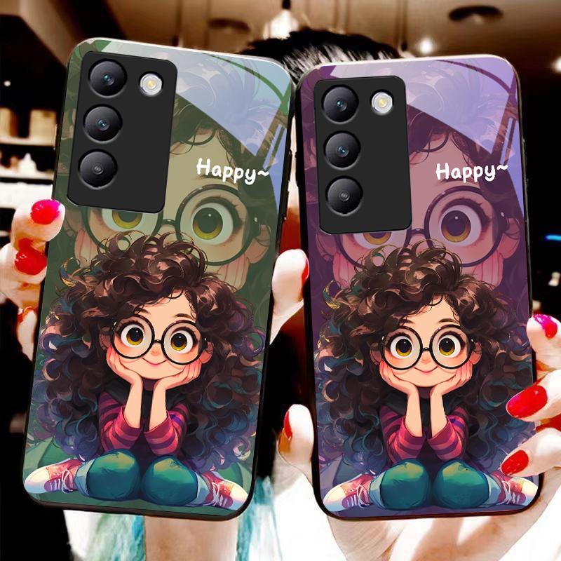 Девушка с кудрявыми волосами Для Y72 33S 11 03 36 96 Lite 35 16 Iqoo 12 V40 SE 5G 29 40 21 30 X80 Pro Vivo Закаленное Стекло Чехол для Телефона Черный
