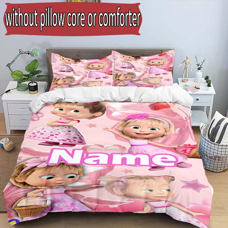 3pcs Duvet Cover Set (1*Duvet Cover + 2*Pillowcase, Without Core), Custom Name Masha and The Bear Pattern Bedding Set, Home Bedroom Decor Gift