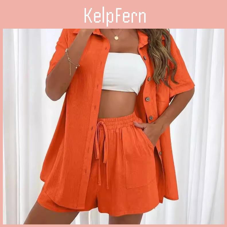 Shortsleeve Solid Shorts Color Womens And Shirt Set Casual Loose Fit Twopiece Suit