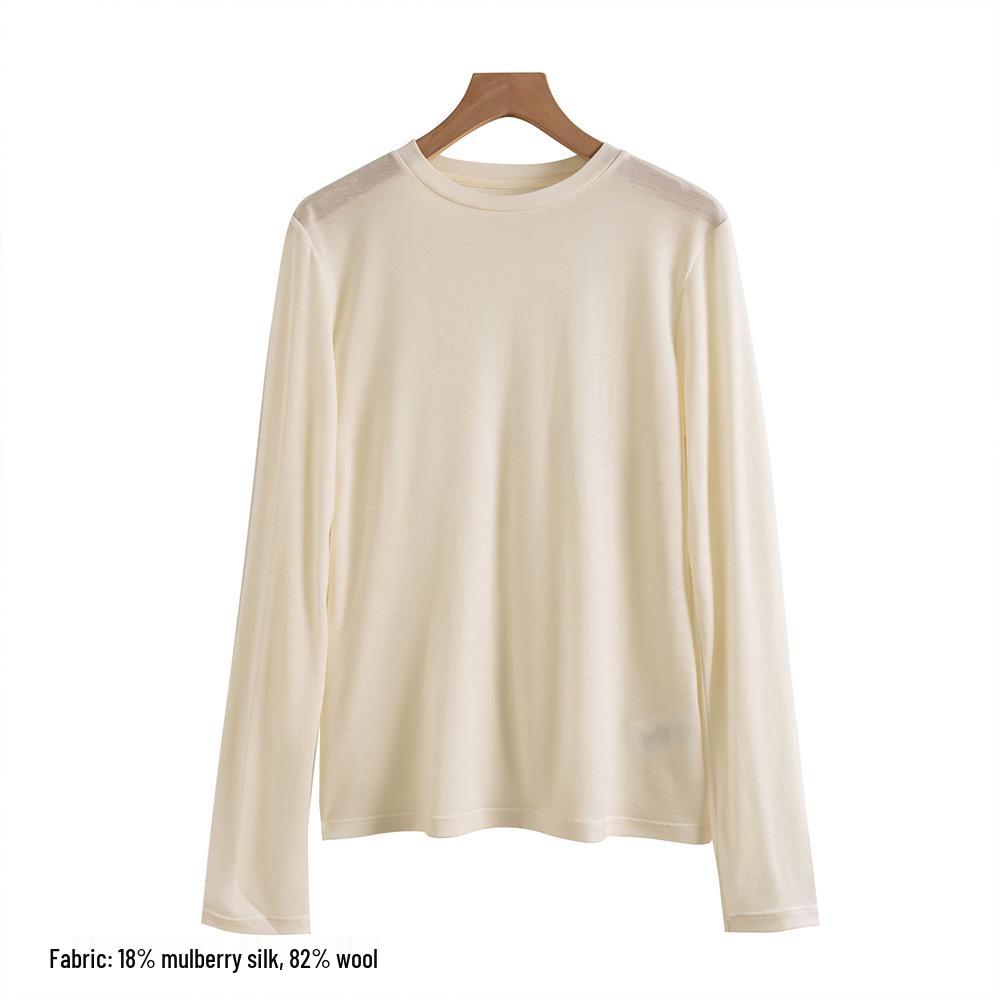 Осень 2025 Приталенная футболка с круглым вырезом из шелковой шерсти - Теплая, приятная к коже, однотонная