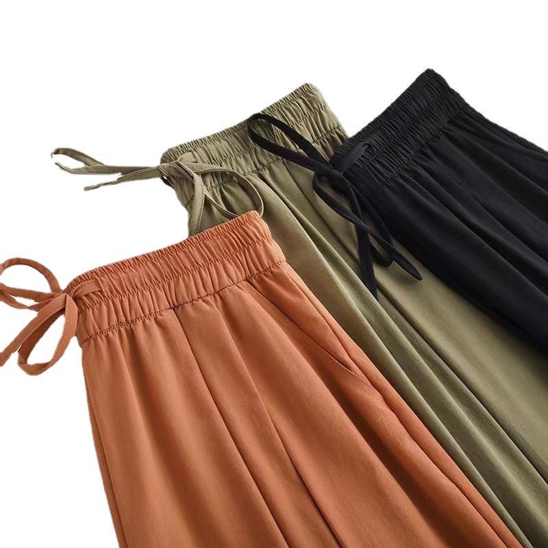 Брюки из ледяного шелка с широкими штанинами, высокой талией и драпирующимся эффектом, летние тонкие женские брюки, повседневные брюки-кюлоты для среднего возраста