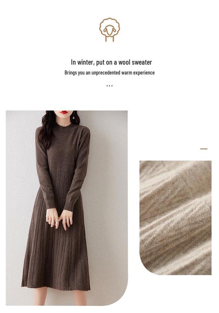 Elegant Merino Wool Women's Bodycon Knit Dress - New Style with Half High Neck and High Waist Design