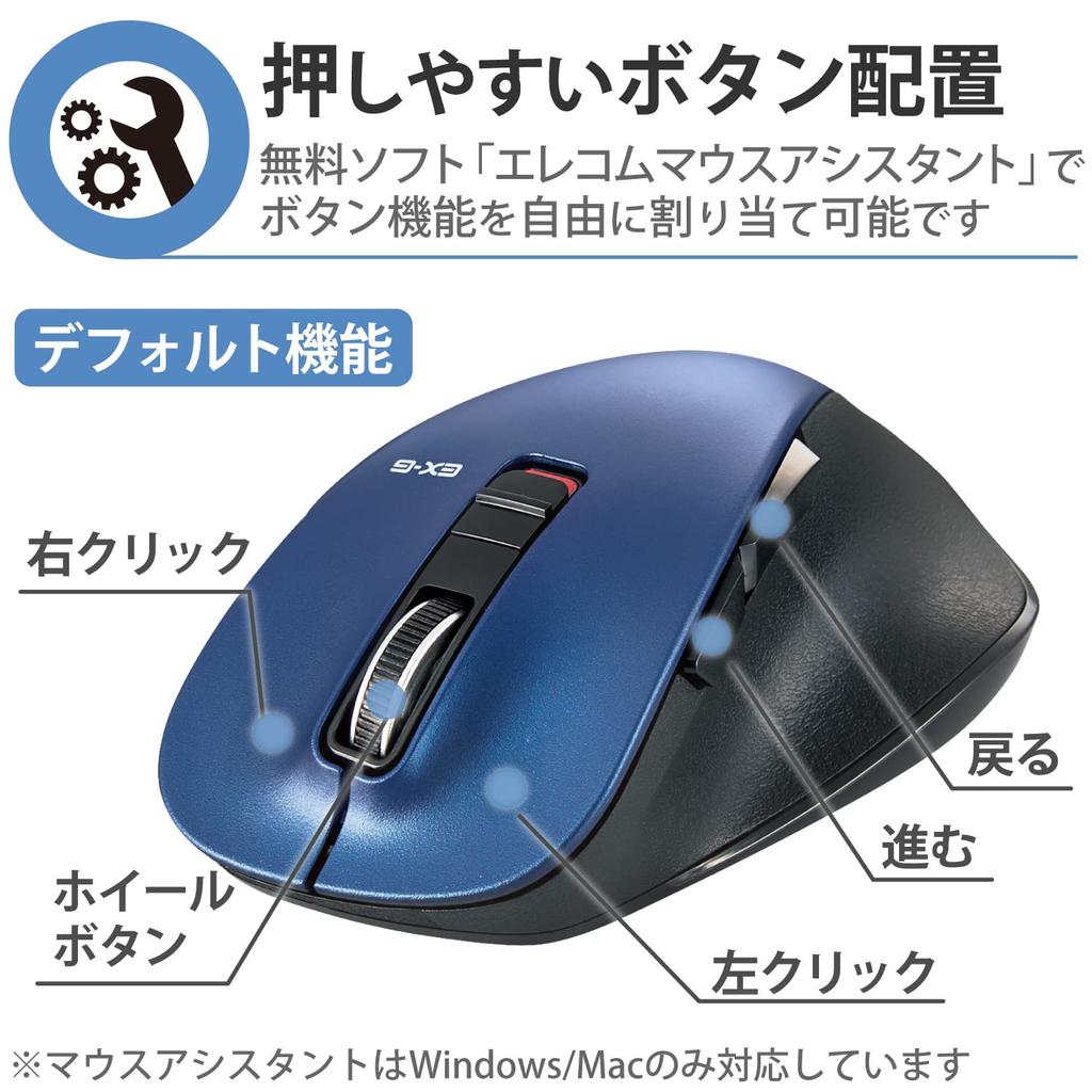 Беспроводная Bluetooth-мышь ELECOM EX-G, Дизайн Ultimate Grip, Бесшумная работа, 5 кнопок, Мультиподключение, Средний размер, Синий (M-XGM15BBSBU)