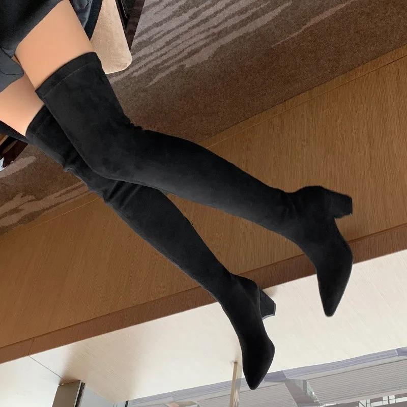 Сексуальные высокие сапоги женские 2024 зима новая мода ботфорты теплые боты замшевые шнуровка туфли-лодочки носки туфли на высоком каблуке сапоги