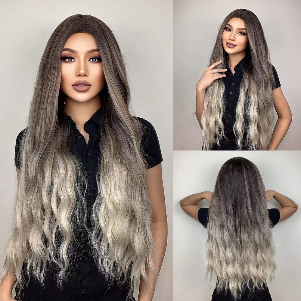 HAIRCUBE Белый Платиновый Смешанный Коричневый Синтетические Парики Длинные Волнистые Парики Из Натуральных Волос для Женщин Средняя Часть Ежедневные Термостойкие Парики