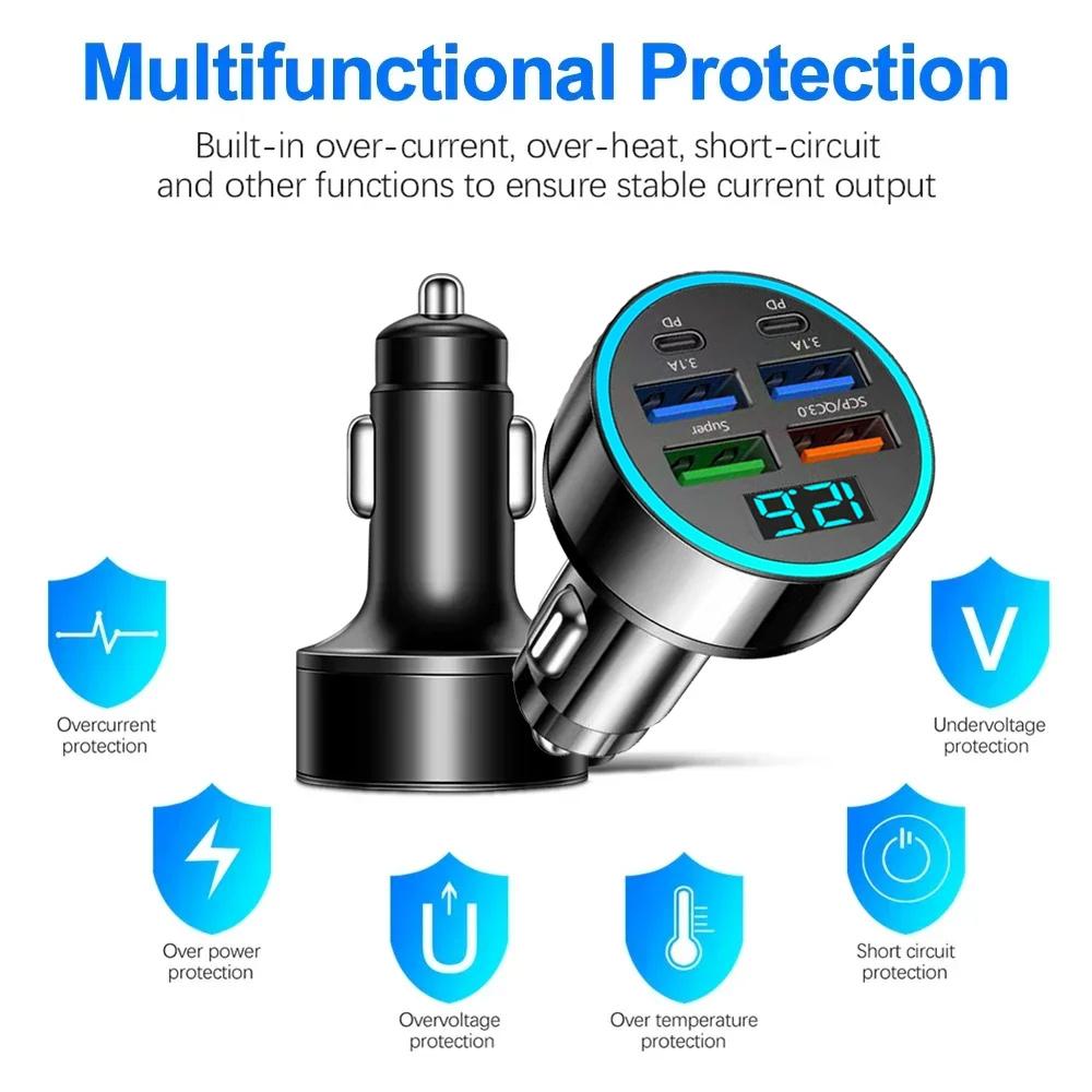 Автомобильное зарядное устройство 250 Вт 4USB QC3.0 PD Type-C Цифровой дисплей Автомобильное зарядное устройство 3.1A С обнаружением напряжения Многопортовый автомобильный адаптер питания