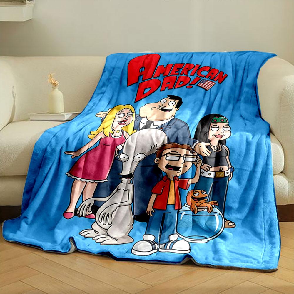 Cartoon family posing with a fish, an alien, and bold "American Dad!" text. for all seasons blanket lunch break throw gift
