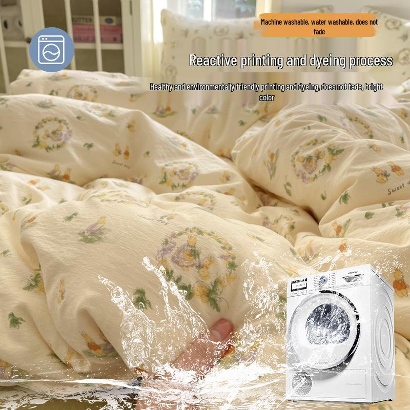 G5Z25 Jacquard Four-Piece Nude-Sleep Bedding Set with Cloud-Feel Double-Layer Gauze  for Girls, Includes Duvet Cover and Fitted Sheet