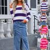 Women's Casual Fashion Comfortable Round Neck Pullover Contrast Color Striped Long Sleeve Street Trend Knitted Sweater