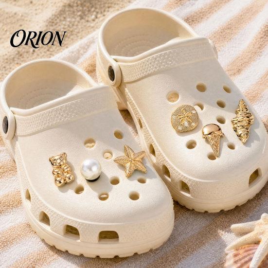 Faux Pearl Shoe Charms 6Pcs/Set Gold-Tone Charms, Summer Ice Cream Shell Starfish Charm for Clogs Women Girls Beach Footwear Decor Accessories
