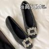 Flat bottom inner height increase 5cm shallow mouth single shoes 2025 autumn and winter new rhinestone temperament versatile Korean square head Mao 