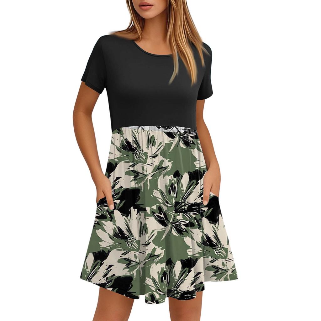 Женские модные повседневные свободные платья с круглым вырезом и коротким рукавом с принтом и карманами