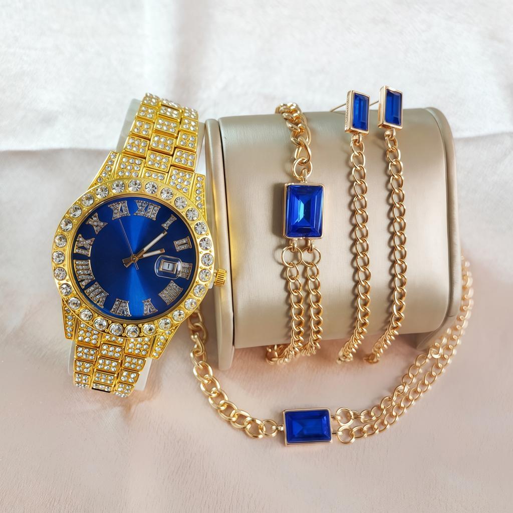 Men'S Hip-Hop Trendy Fashion Large Dial, Popular Diamond-Encrusted Cuban Chain Watch Set Yymy Watch