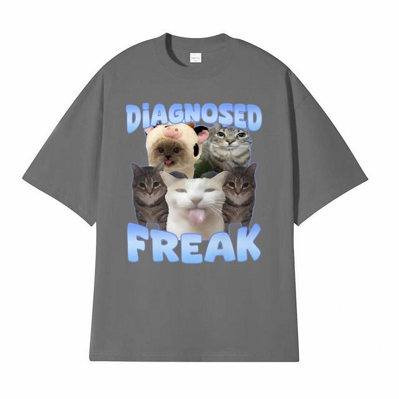 Diagnosed Freak Funny Watermelon Cat Meme Tshirt Men Womens Summer Streetwear Tee Shirt Fashion Oversized Cotton Humor T Shirt