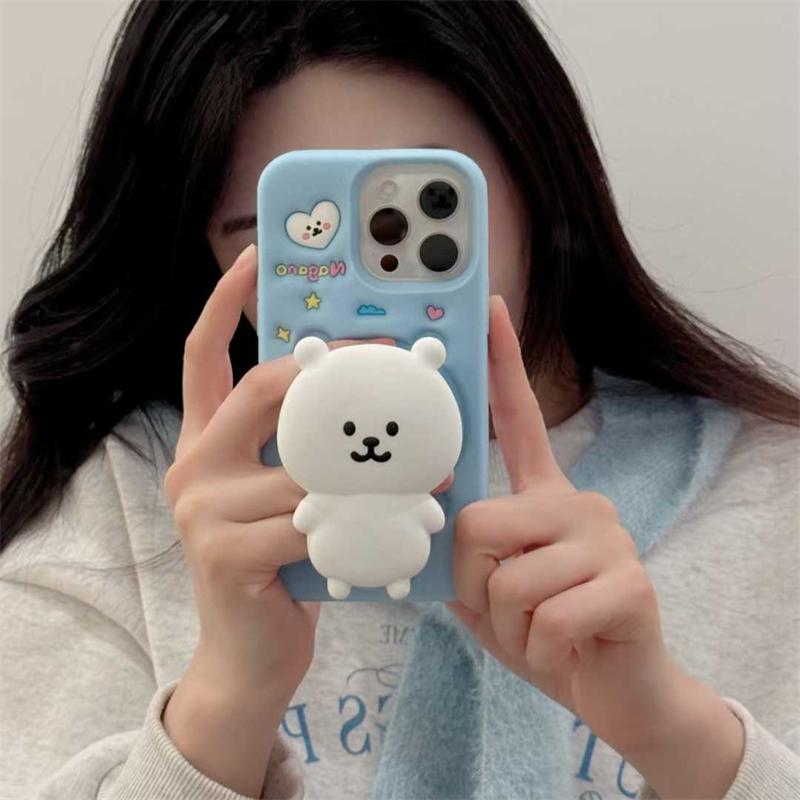 Мультяшный 3D медведь кронштейн силиконовый чехол для телефона iPhone 16 15 14 13 12 Pro Max 14 15 Plus мягкий чехол