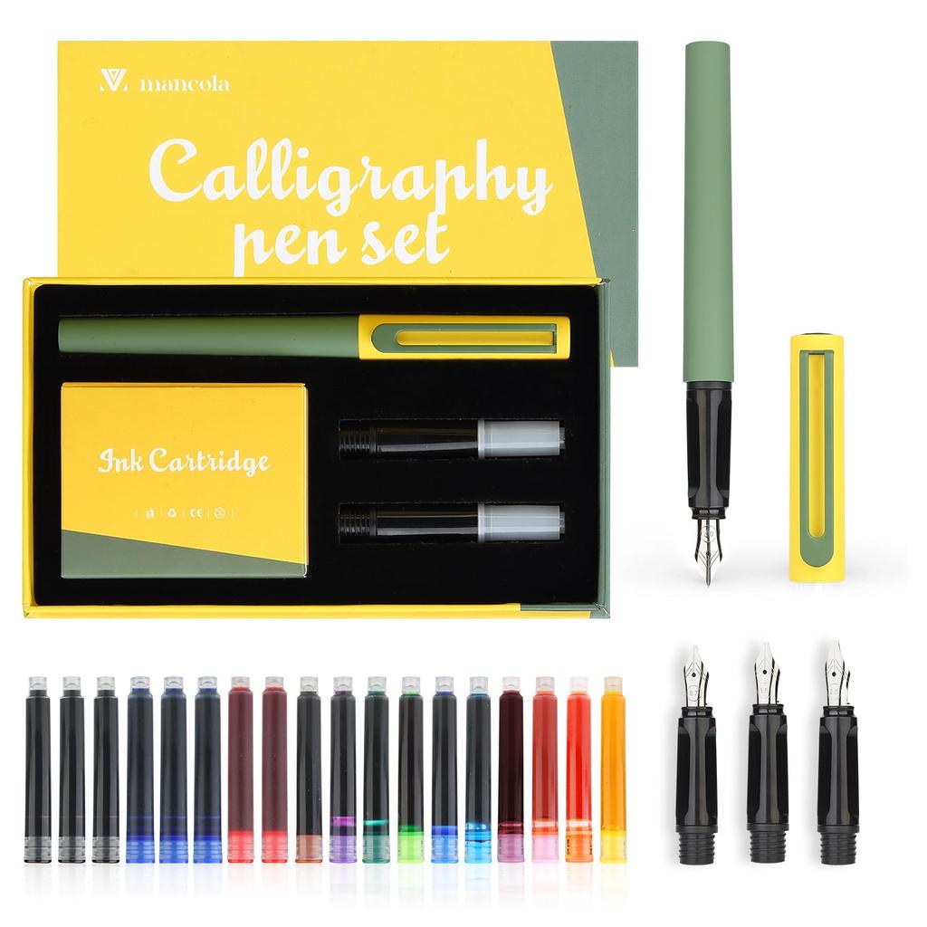 This color contrast design fountain pen set includes one Mancola fountain three different and 18 ink cartridges colors in (MA-F118) pen, nibs, (13
