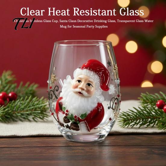 Durable Hot And Cold Drinkware Christmas Stemless Glass Cup, Santa Claus Decorative Drinking Glass, 3D Mug Transparent Water for Seasonal Party