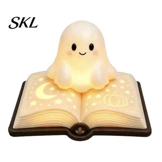 Ghost Figurine Desk Lamp Magic Book Night Light, Resin Tabletop Warm Glow with Moon Cute Light Star Relief, Bedside Sleeping for Kids Bedroom,