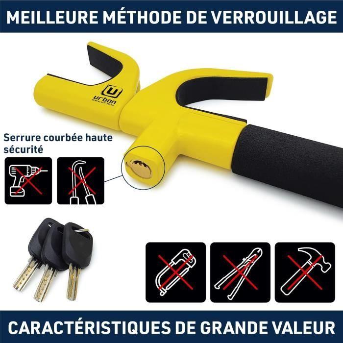 Urban UR959Y Canne Antivol Voiture Bloque Volant,Acier Jaune Plus Visible,Serrure Haute Sécurité,Verrouillage Automatique,Bloc Ba