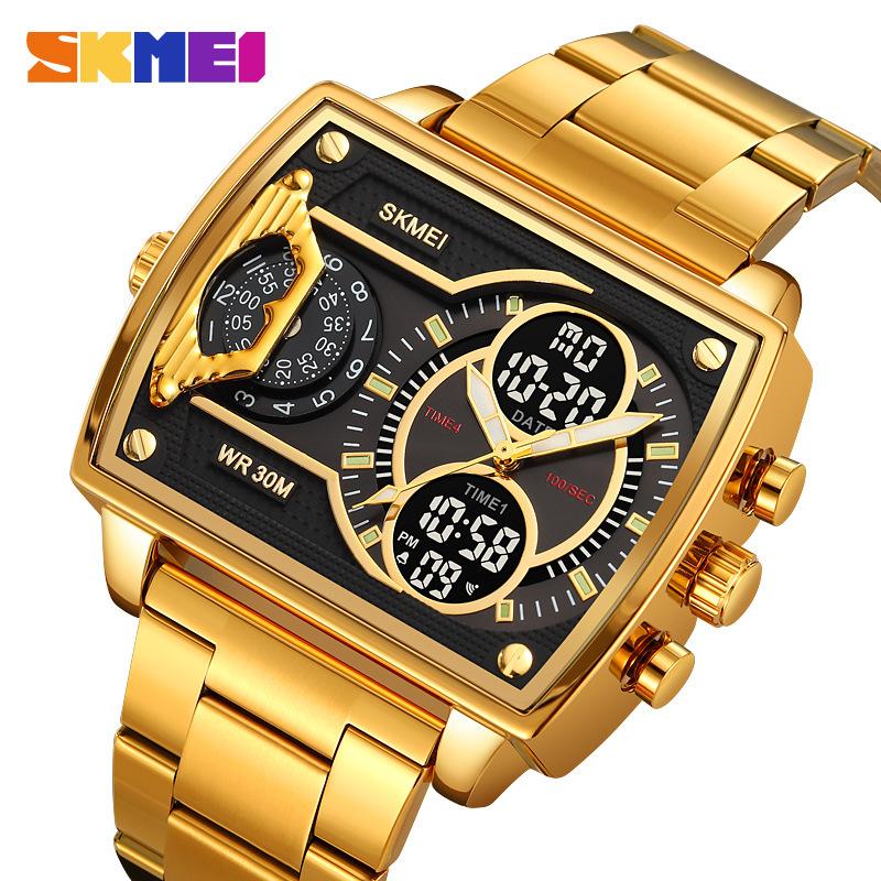 Golden Big Dial Three Time Men Wrist Watches Stainless Steel Men Sports Digital Military Quartz Watch Luminous Male Clock