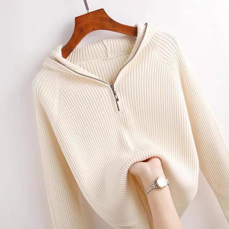 WTEMPO Женские однотонные свитера с длинным рукавом, свободные повседневные джемперы, уличная одежда, осень-зима, с капюшоном, полумолния, трикотажные пуловеры