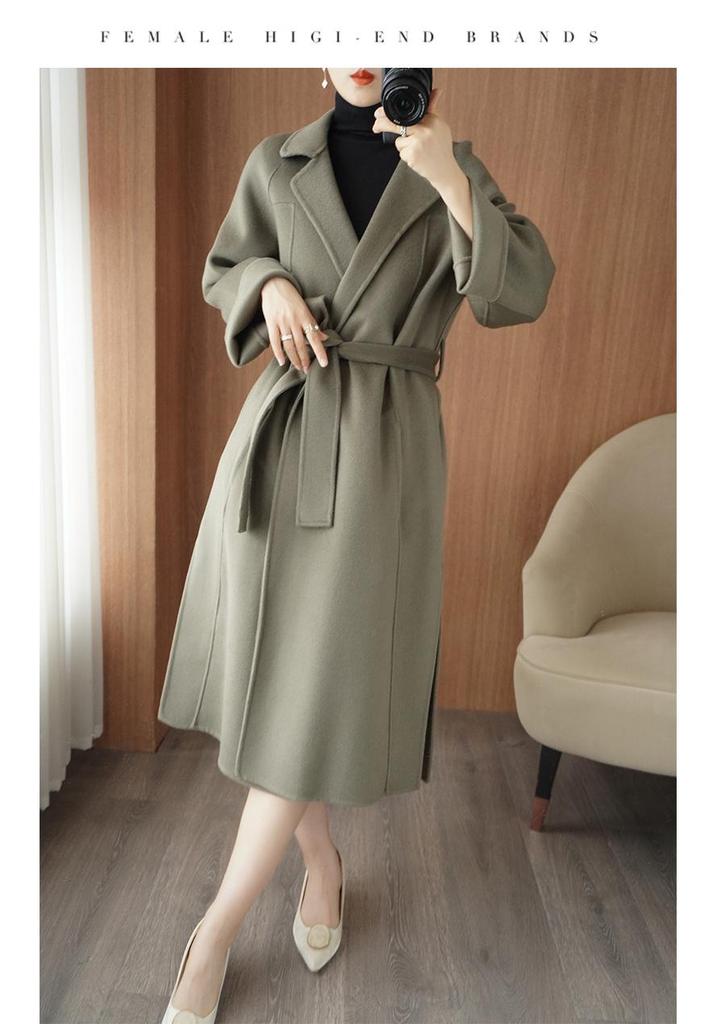 Women's Mid-Length Wool Coat with Side Slits, Lapel Collar, Belt, and Loose Plus Size Fit