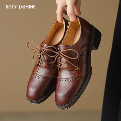 2024 Новые винтажные женские туфли-лодочки весна-лето с круглым носком на толстом каблуке для зрелых женщин из натуральной кожи со шнуровкой для офиса