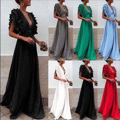 Женское однотонное винтажное длинное вечернее платье с v-образным вырезом и рукавами-крылышками больших размеров сзади