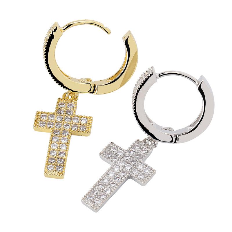Cubic Zirconia Bling Iced Cross Earring Gold Silver Color Copper Material Earrings for Men Women Hip Hop Rock Jewelry