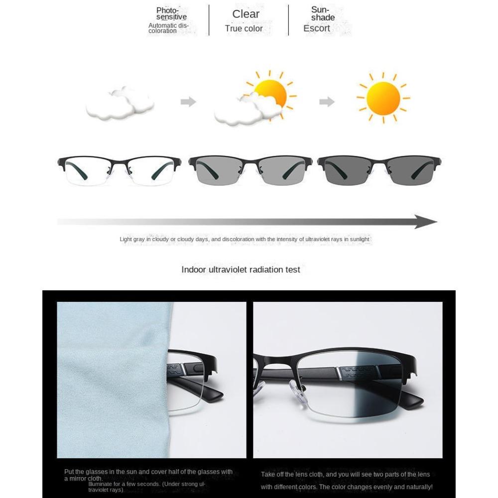 PC Resin Reading Glasses Black+Blue UV Shades Sunglasses Photochromic Myopia Glasses  Readers