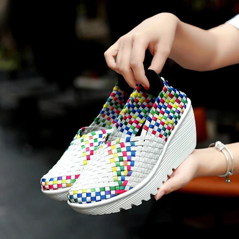Women Plus Size 35-42 for Women 2024 Wedges Platform Sneakers Fashion Weave Hollow Ladies Loafers Slip-on Casual Shoes
