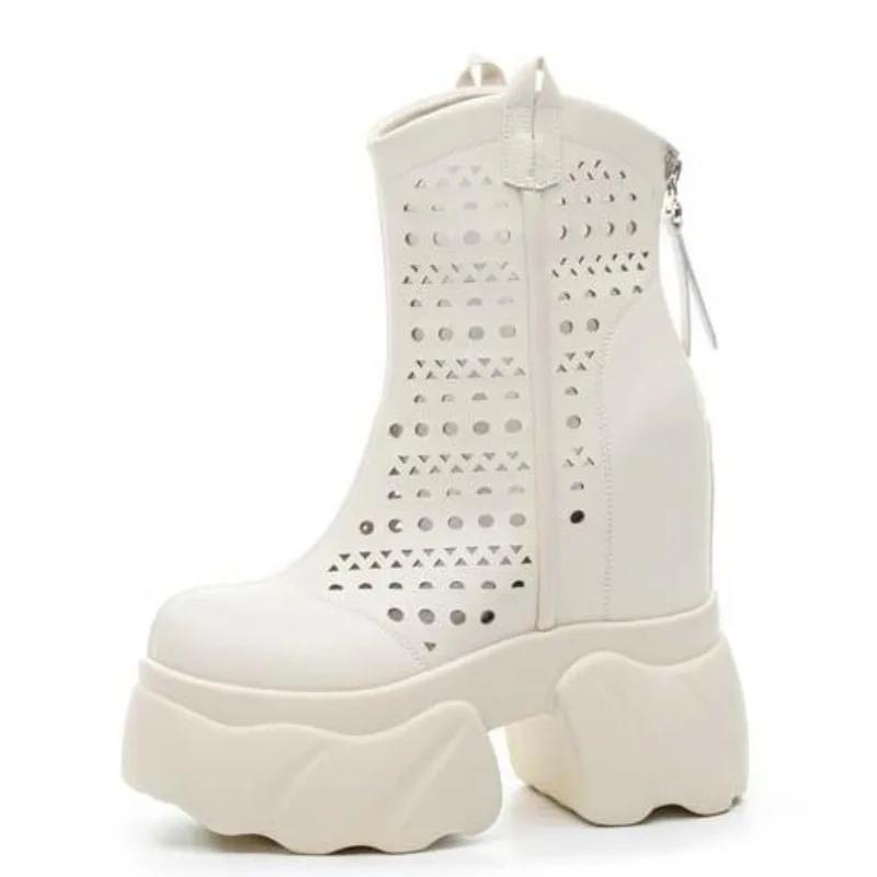Fashion 12CM Ankle Booties Chimney Shoes Cow Genuine Leather Boots Women Motorcycle Platform Wedge Summer Ladies Fashion Moccasins
