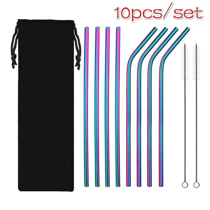 10Pc Rainbow Color Reusable Metal Straws Set with Cleaner Brush 304 Stainless Steel Drinking Straw Drinkware Bar Party Accessory
