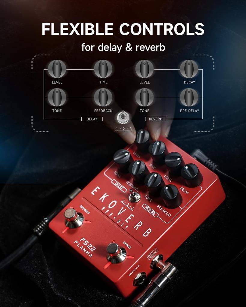 FLAMMA FS22 Delay and Reverb Guitar Effects Pedal with Tap, Tempo, Freeze, and Trail-On Functions, Red, ATMOSPHERE Stereo Digital Effects Pedal