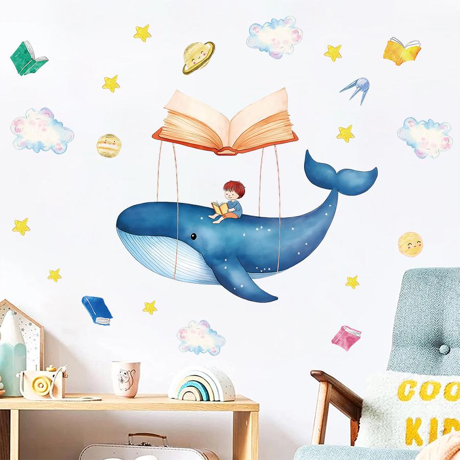 Adorable Whale & Child Reading Wall Decals - Educational Removable Vinyl Stickers for Kids' Room, Nursery & Book Home Decor